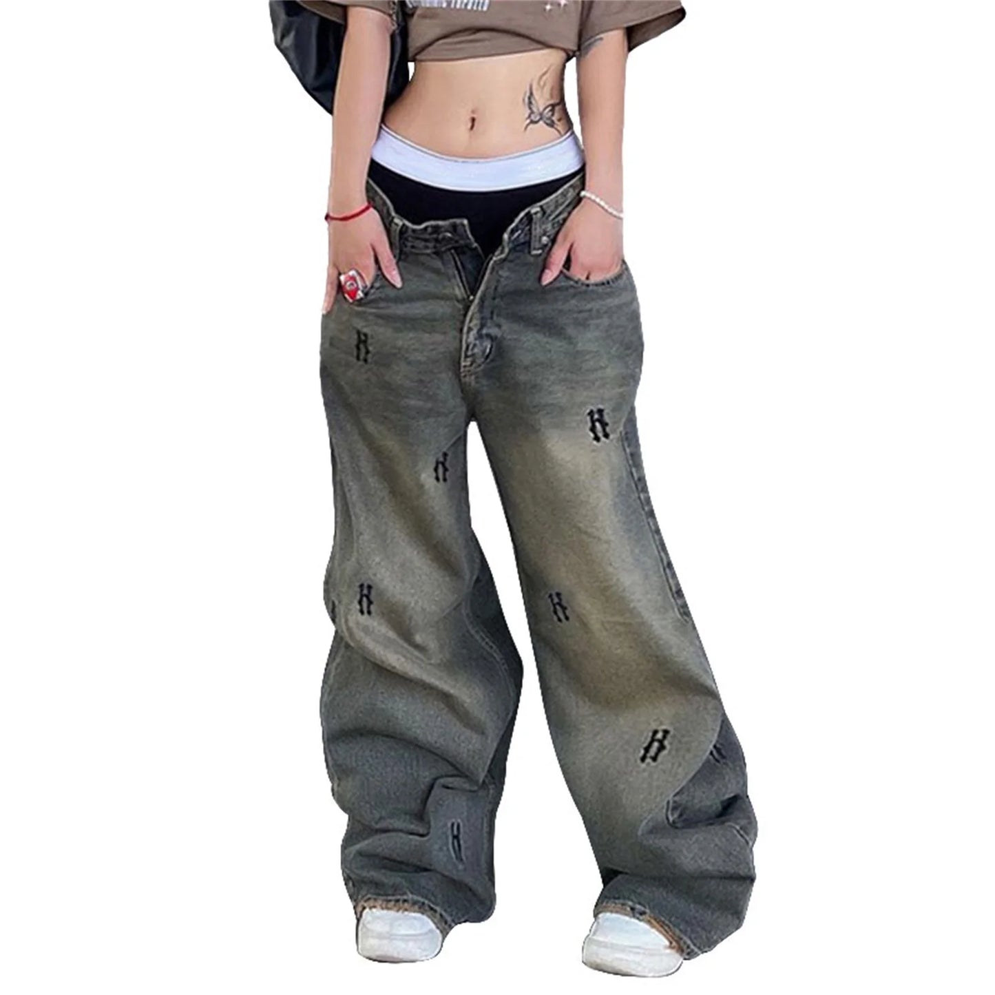 Women s Spring Summer Casual Denim Pants Retro Letter Print Wide Leg Jeans with Pockets