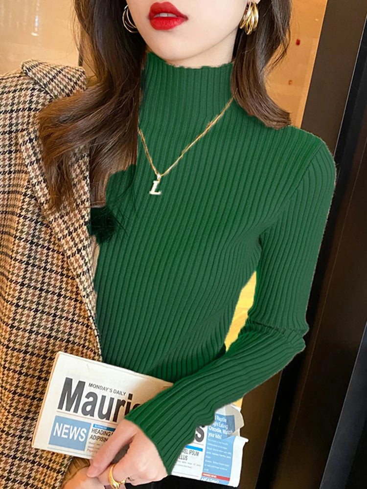 Elegant Solid Basic Knitted Tops Women Mock Turtleneck Sweater Long Sleeve Casual Pullover Simple Chic Clothes