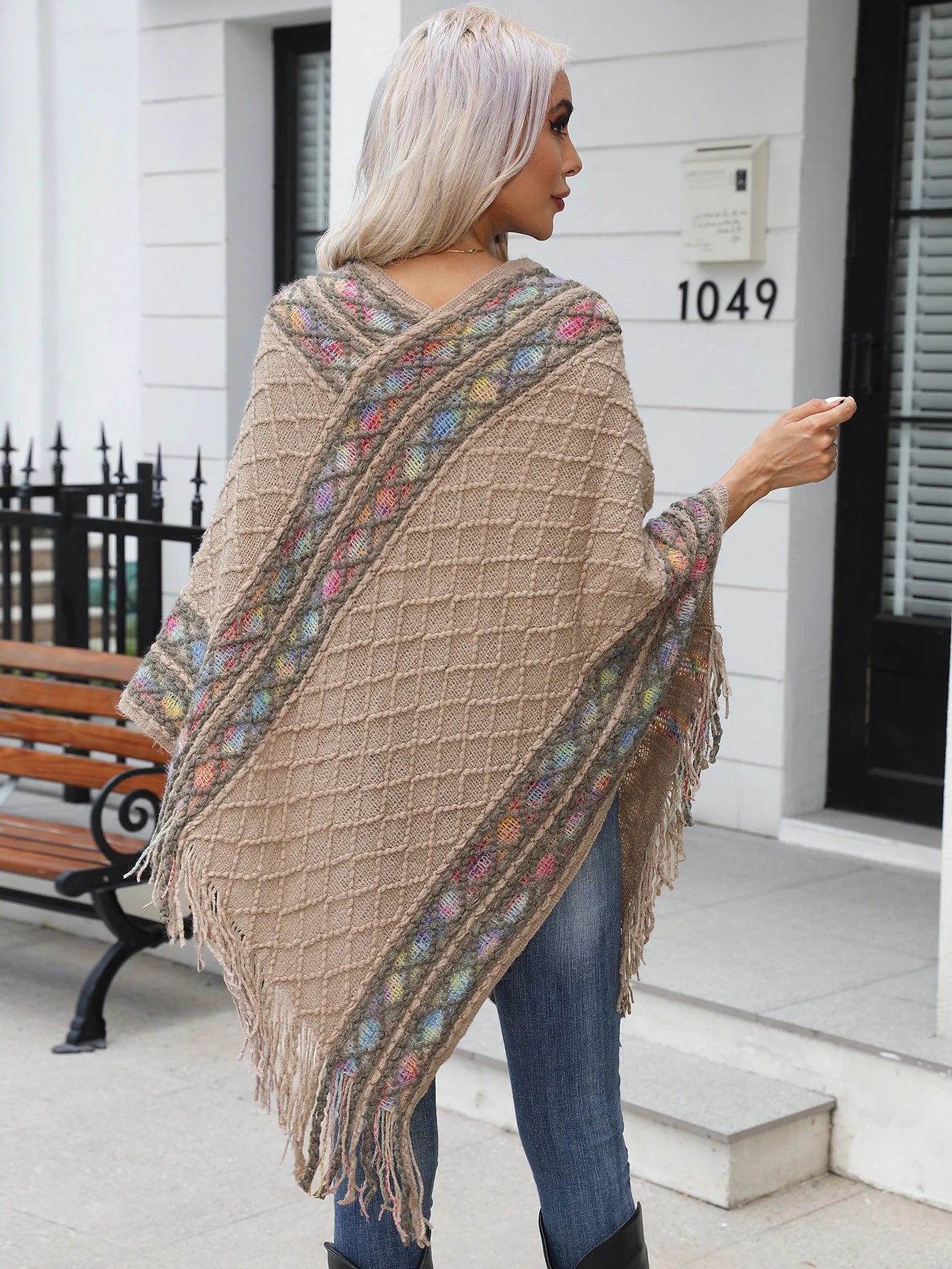New Tassel Sweater Plus Size Pullover Shawl V-Neck Knitwear Women's Straight Shoulder Rainbow Striped Tassel Cape Shawl Sweater