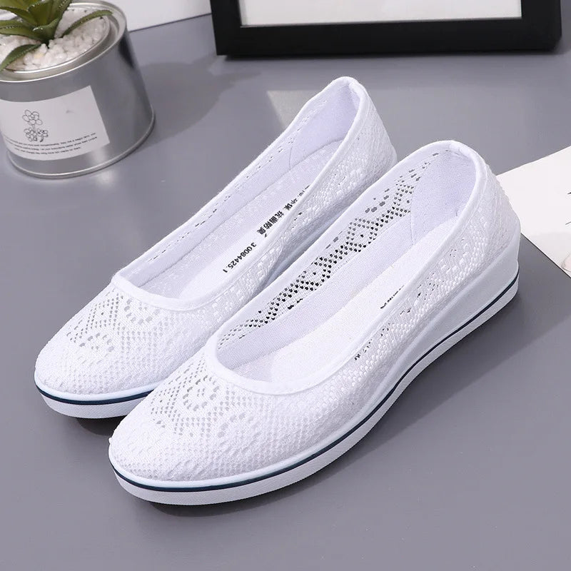 Lace Hollow Breathable Shoes Flat Mid Wedge Heel Women's Summer Beauty Shoes Size 34-41