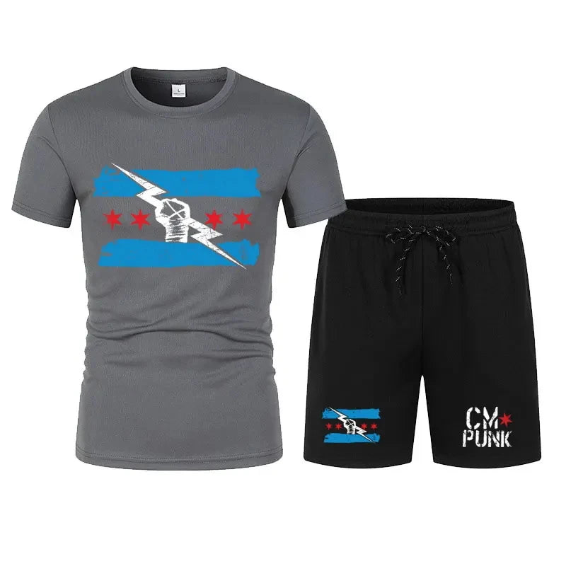 Men's black CM return punk T-shirt shorts suit summer short-sleeved men fashion comfortable loose clothing suit