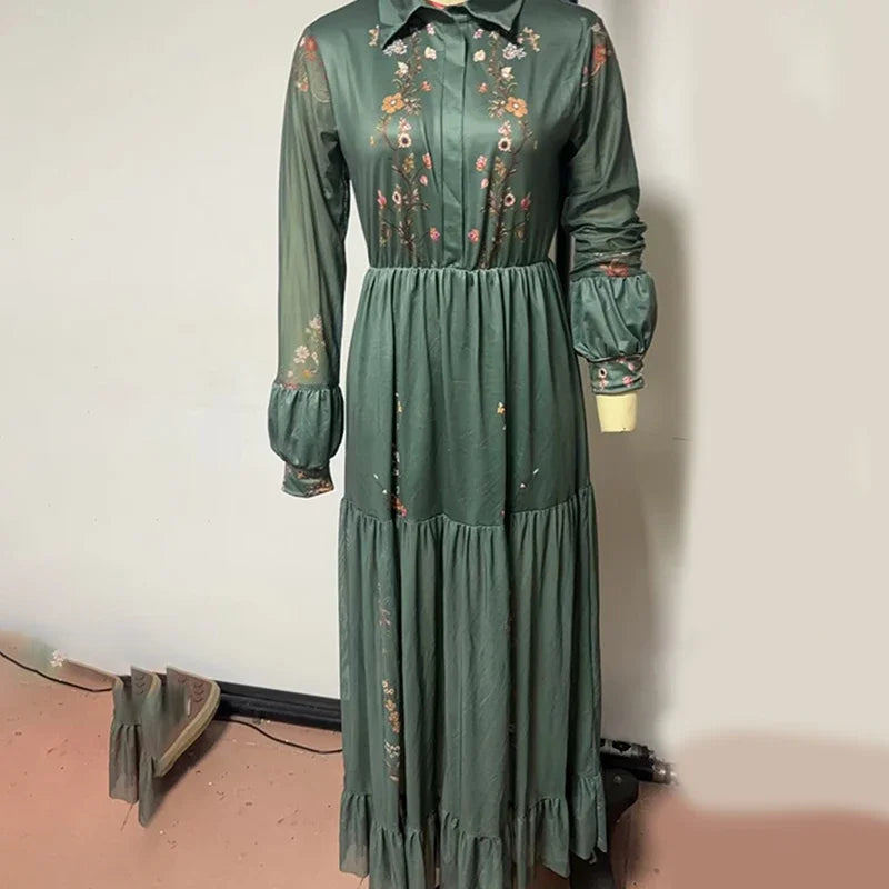 Vintage Pattern Printed Long Sleeve Dress Women Summer Sexy V Neck Pleated Long  Bohemian Style Lapel Spliced Maxi Dress