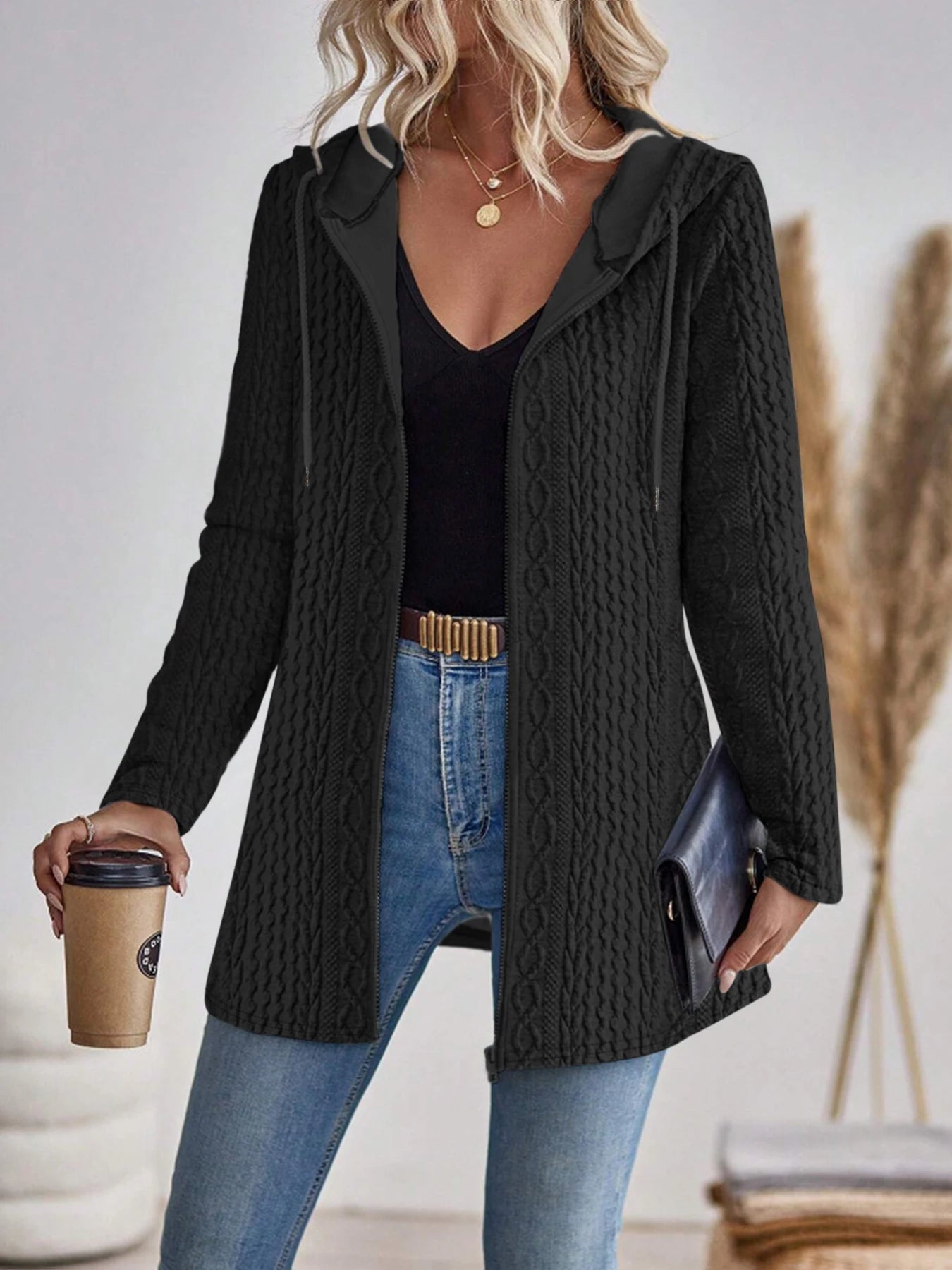 Elegant directional women's fashionable texture solid color zipper hooded sweatshirt