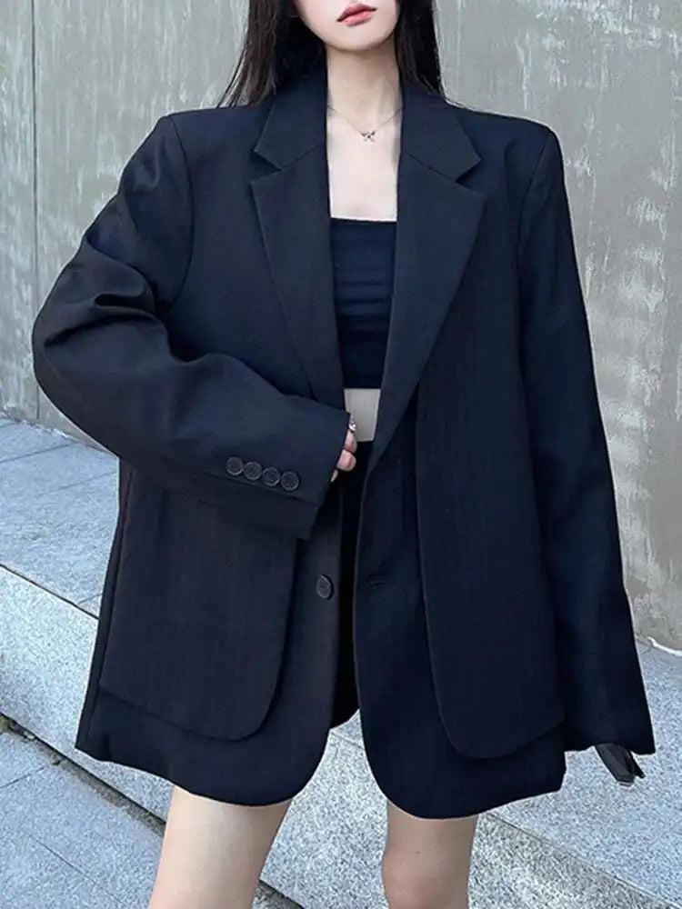 Women Gray Fake Two Pieces Big Size Blazer Lapel Long Sleeve Shoulder Pad Jacket Fashion