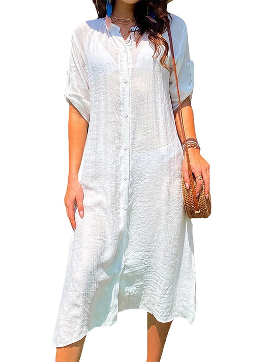 Loose Bikini Cover Up Solid Color Short Sleeve Button Down Shirt for Summer Swimsuit