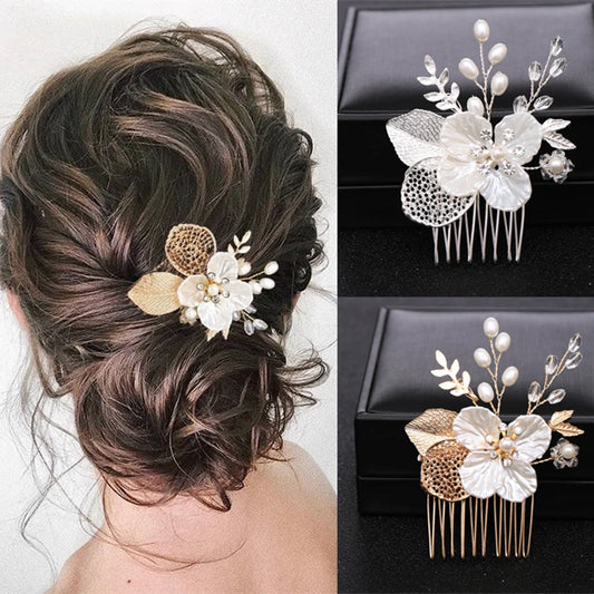 Gold Or Silver Pearl Flower Leaf Crystal Hair Comb Pin Band  For Women Wedding Bridal Hair Accessories Jewelry Comb Gift