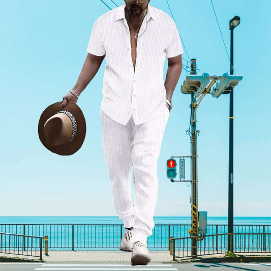 Ultra-thin Ultra-light Summer Men's Shirt Casual Loose Short Sleeve + Trousers Beach Suit Surf Casual Solid Color Lapel Suit