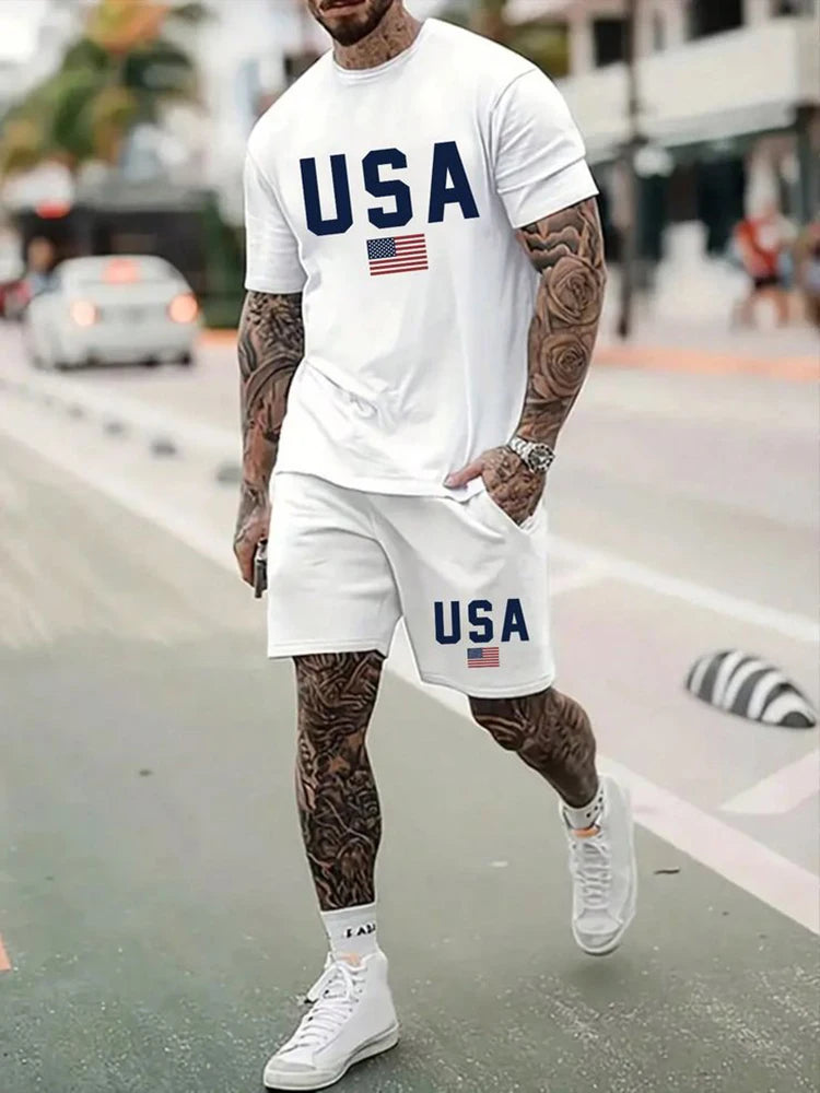 Summer 3D print men's round neck short-sleeved T-shirt shorts suit 2-piece high-quality casual street cool sports suit