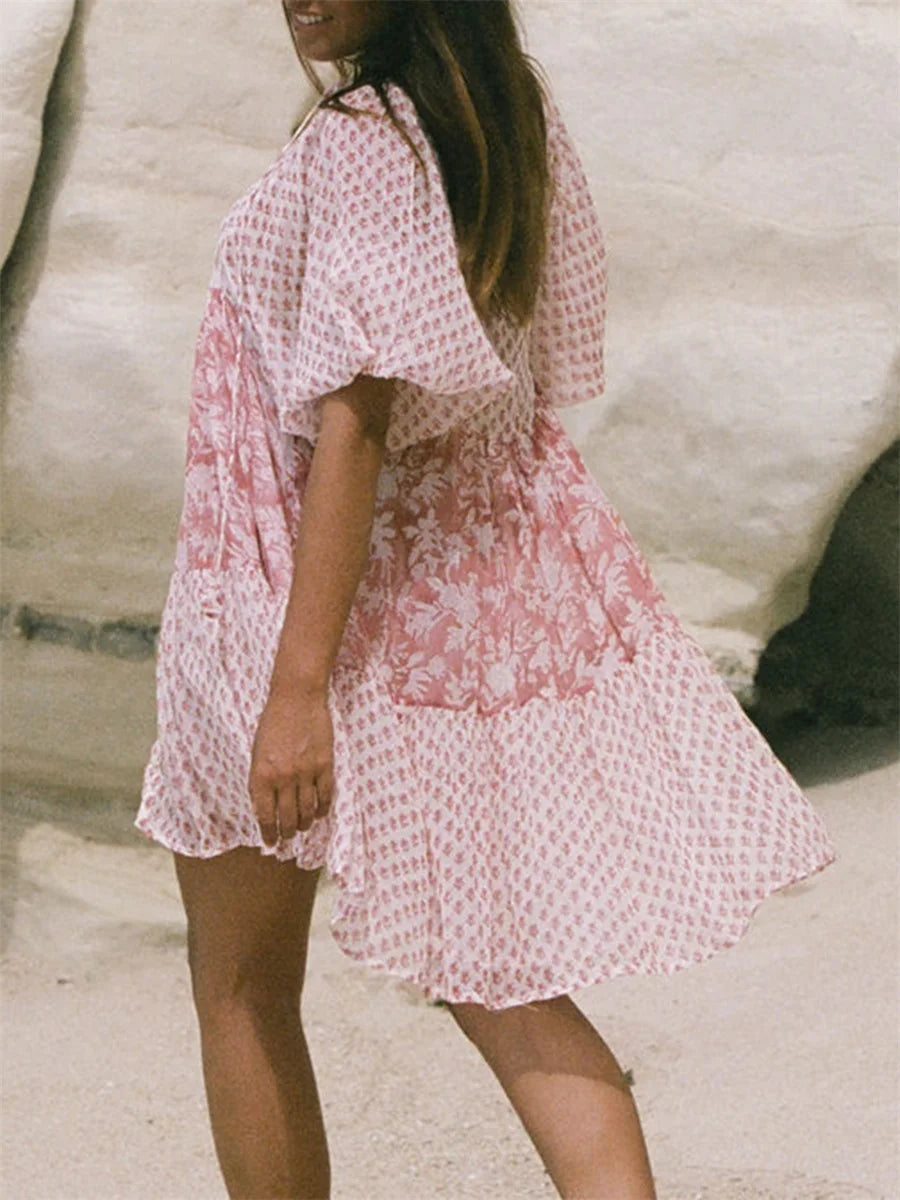 Women s Boho Style V-Neck  Floral Print Maxi Dress with Ruffle Hem and Tie Waist Belt for Summer Beach Party Casual
