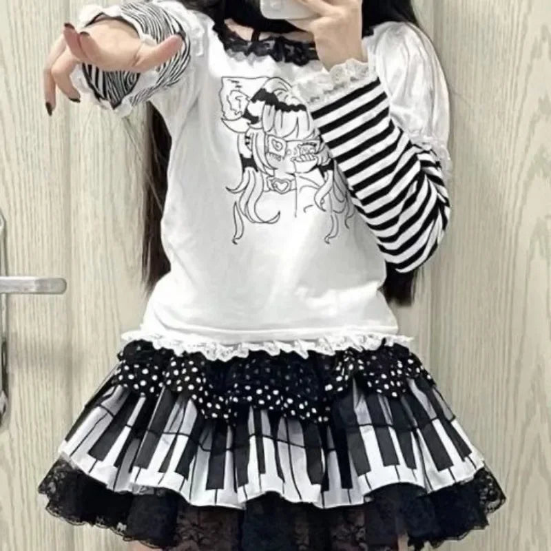 Piano Key Wave Dot Lace Skirt Gothic