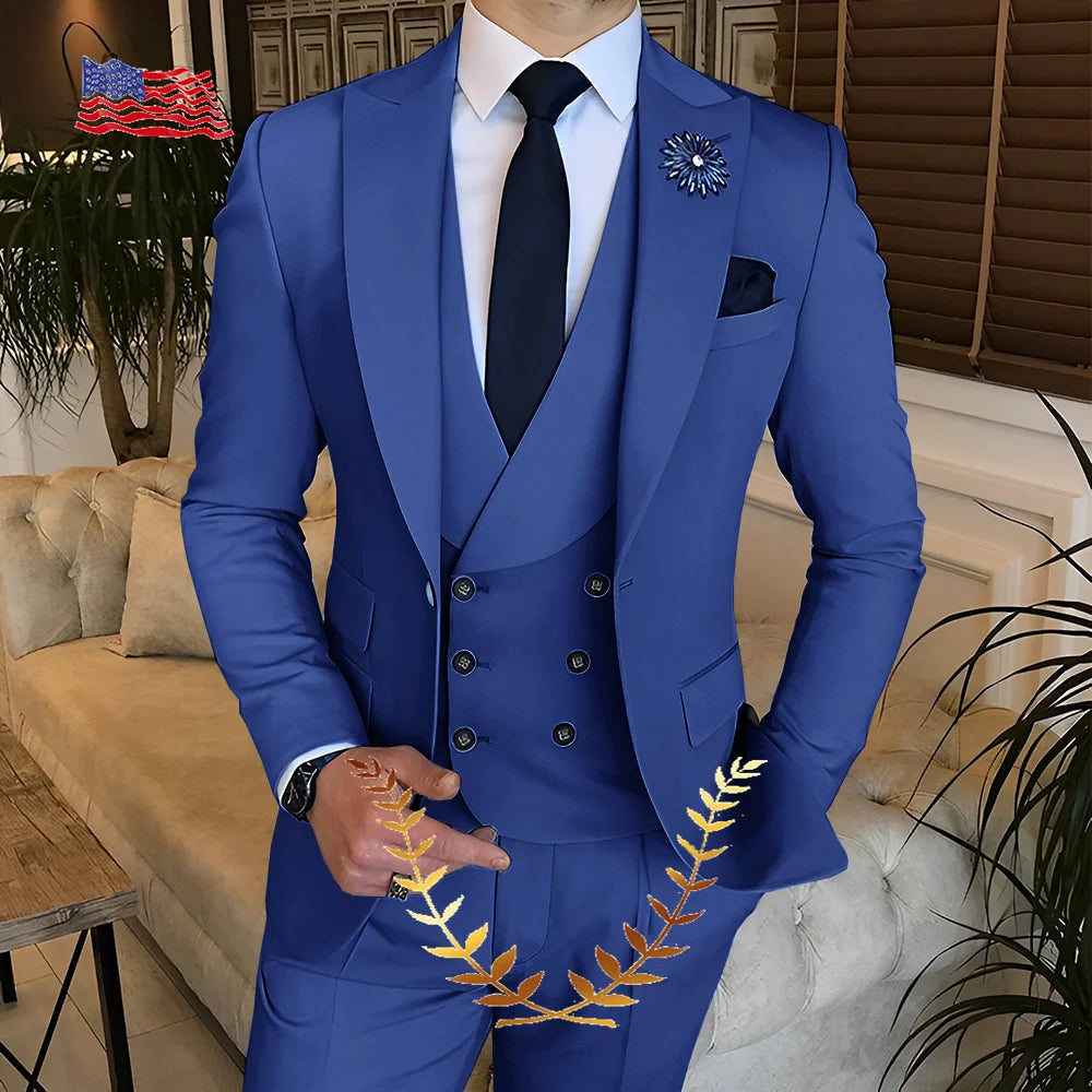 Men's Suit Jacket Pants Vest 3-piece Set Slim Fit Handsome Men Blazer for Party
