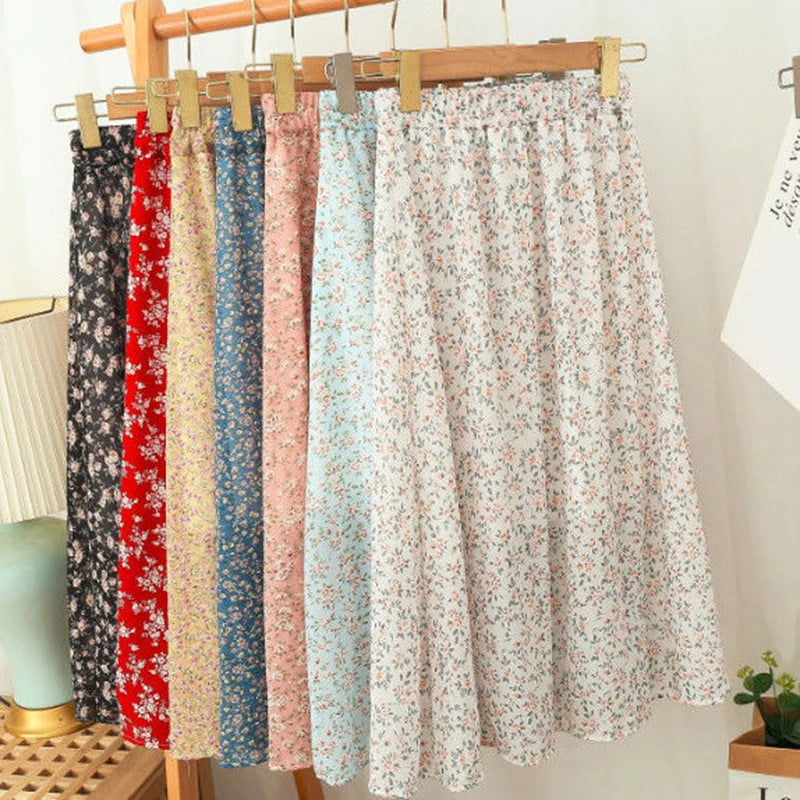 Chiffon Midi Skirt Floral Loose High Waist  Casual  A Line