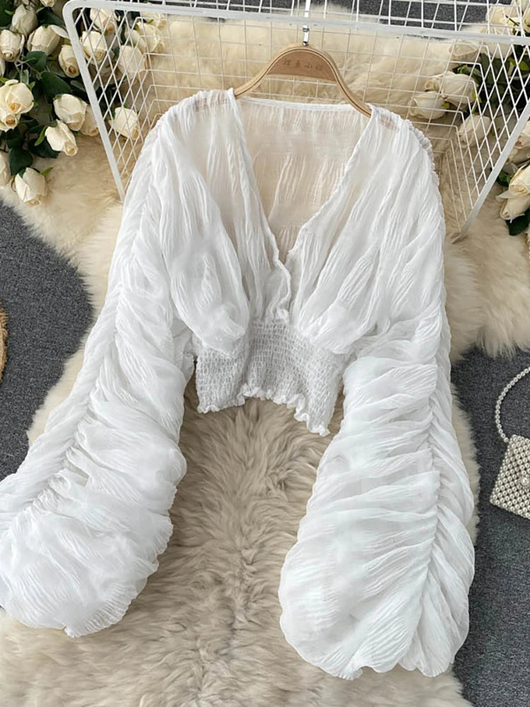 Summer Sexy Draped Chiffon Blouse For Women Elegant V-Neck Puff Long Sleeve Short Tops