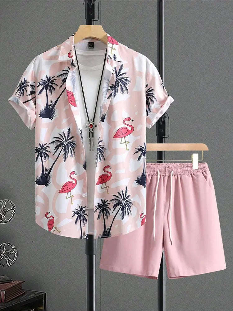 Summer Men's Shirt Shorts Two-piece Set Printed Casual Suit Men Short Sleeve Shirt Street Hawaiian Beach Shorts Outfits