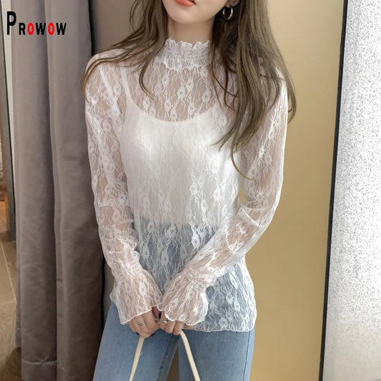 See Through Lace Flower Women's Blouse  Long Sleeve Spring Summer Thin Crop Top