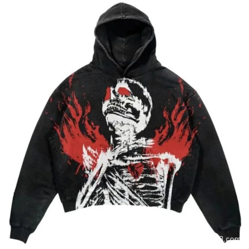 Skull Hoodies Fashion Print Top Oversized Pull-over Hoodie  American Streetwear Goth Women