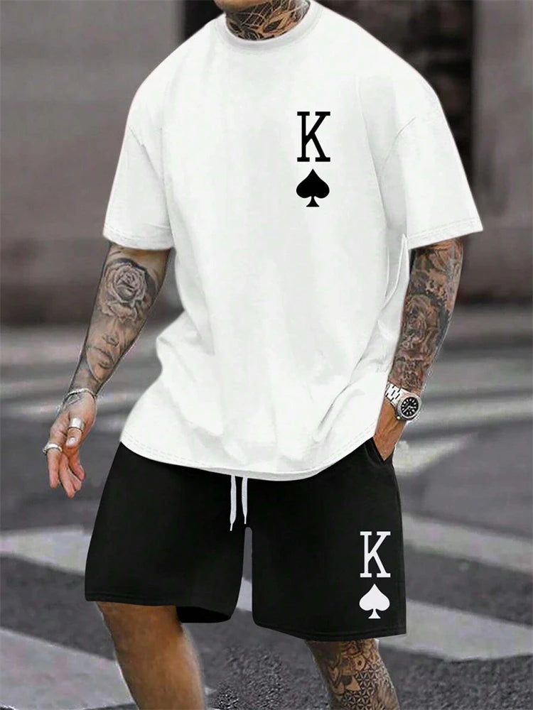 Men's Short Sleeve Shorts Set Fashion King Printed T-Shirt Shorts Sets of Casual Round Neck Breathable Sportswear