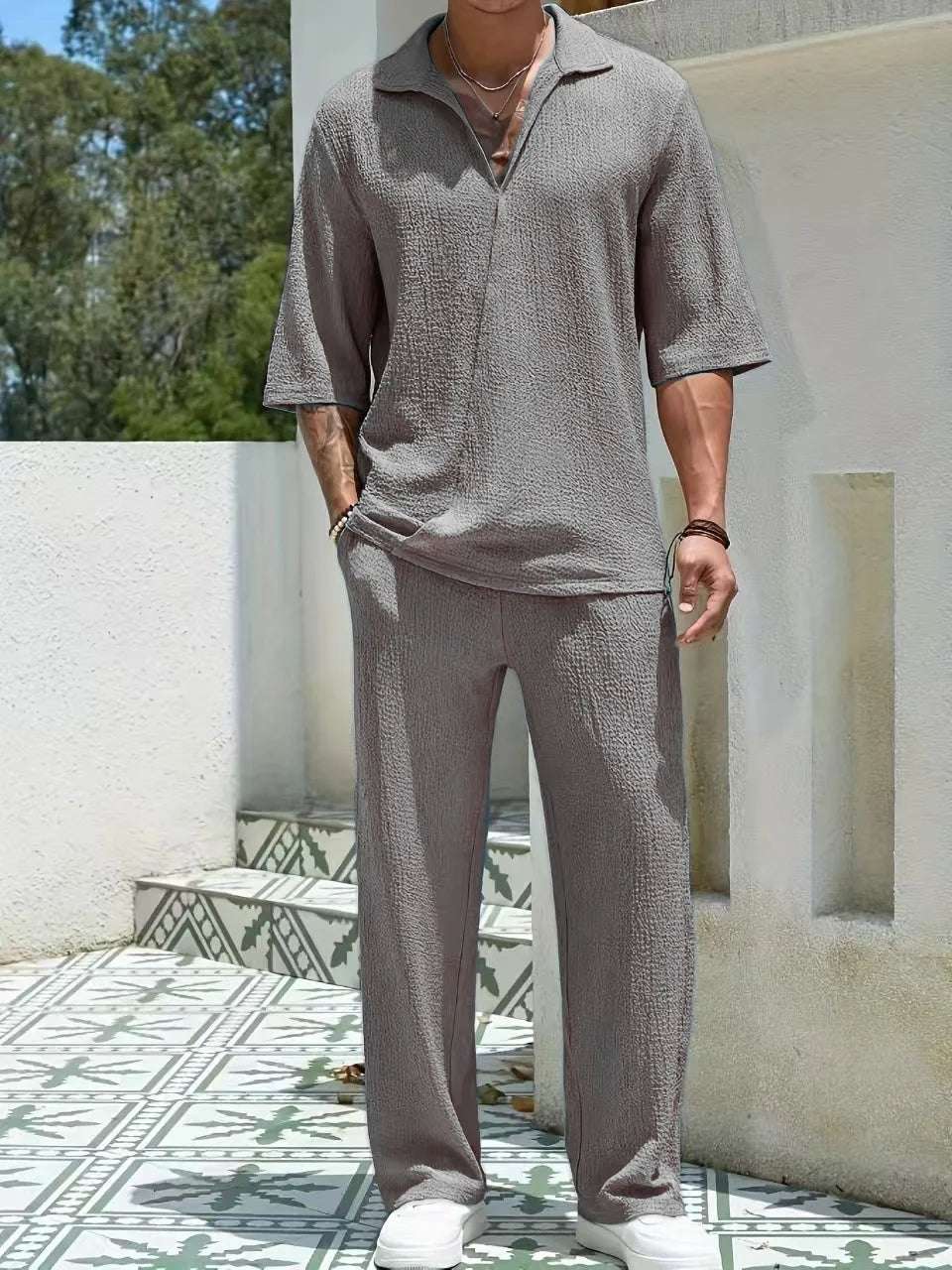 Spring new men's suit-collar commuter casual shirt Fashion retro high-quality solid color half-sleeve pants two-piece set