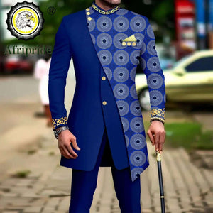 African Style Suits for Men Embroidery Print Blazer and Pants Set Business Dress Suit with Kerchief Party Wedding Evening