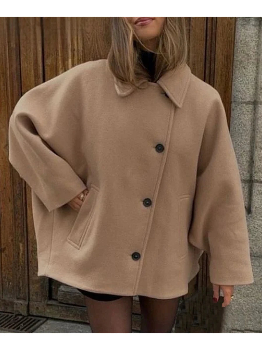 Winter Oversized Wool Jacket with Batwing Sleeves and Lapel Collar Button Closure Solid Color Loose Fit Coat