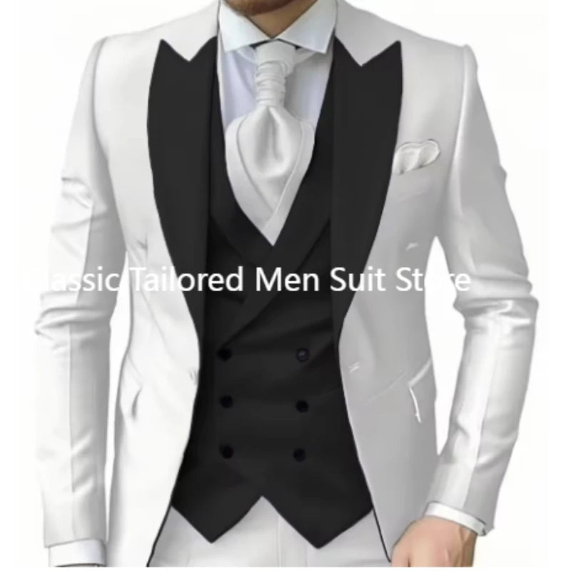 Elegant Wedding 3 Piece Jacket Pants Vest Full Set Luxury Single Breasted Peak Lapel  Male Clothing Men's Suits Blazer