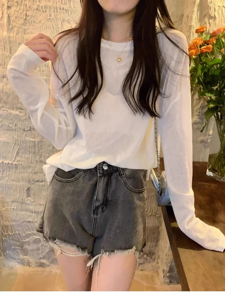 High Quality Plain T Shirt Sweater Women Elastic Basic T-shirts Female Casual Tops Long Sleeve Sexy Thin T-shirt