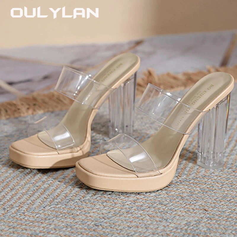 Summer Sexy Shoes Sheepskin Transparent High Heels Sandals for Outdoor Crystal Thick Heels