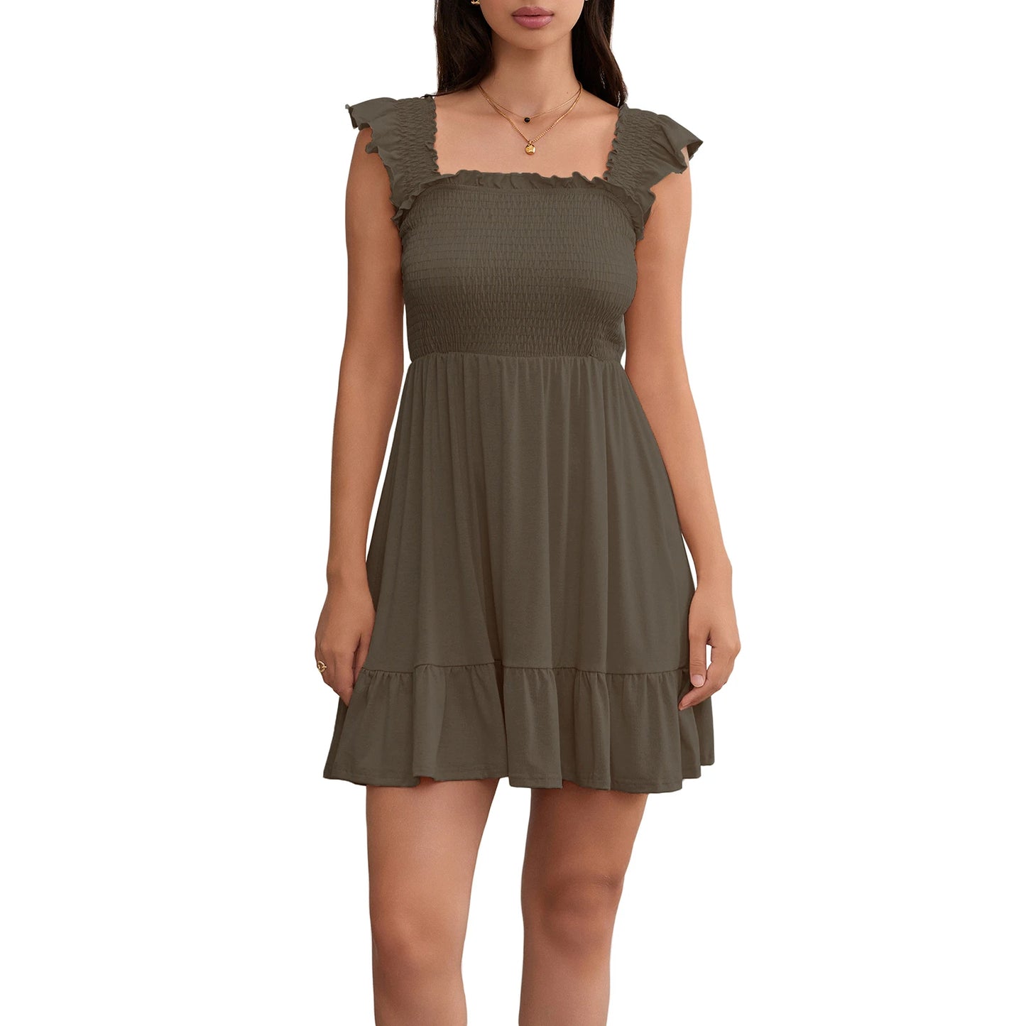 Solid Color Mini Dress Fly Sleeve Ruched A-line  Casual Dress
