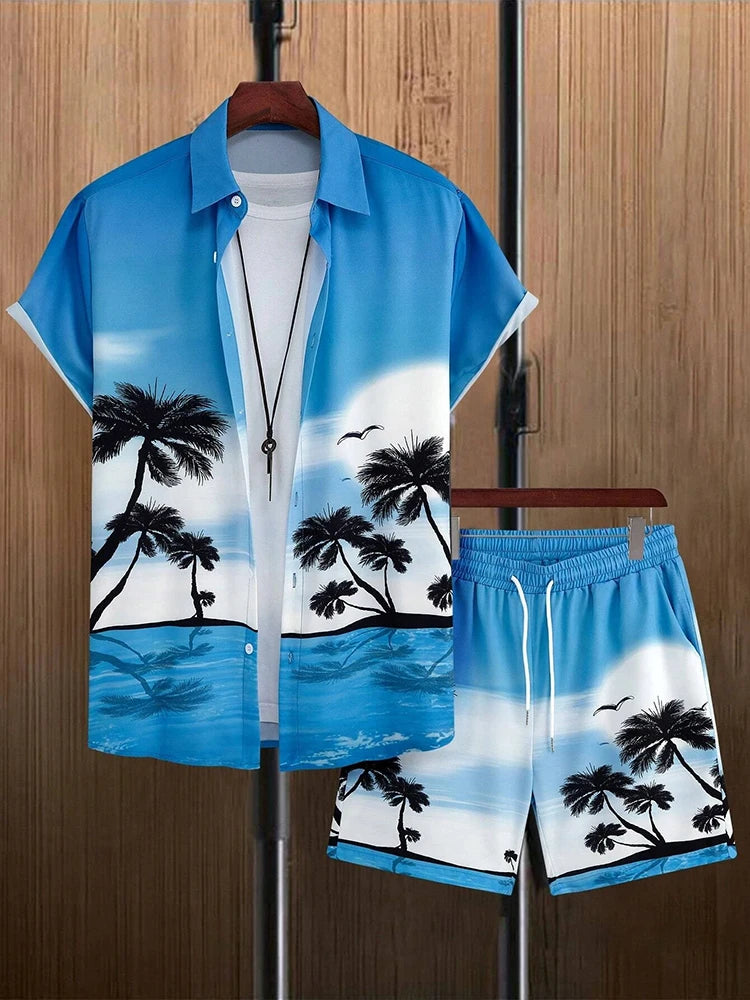Fashion Hawaii Set Coconut Print Men's Shirt 2 Piece Luxury 3D Holiday Set Short Sleeve Casual Shirt Beach Two Piece Men's Set