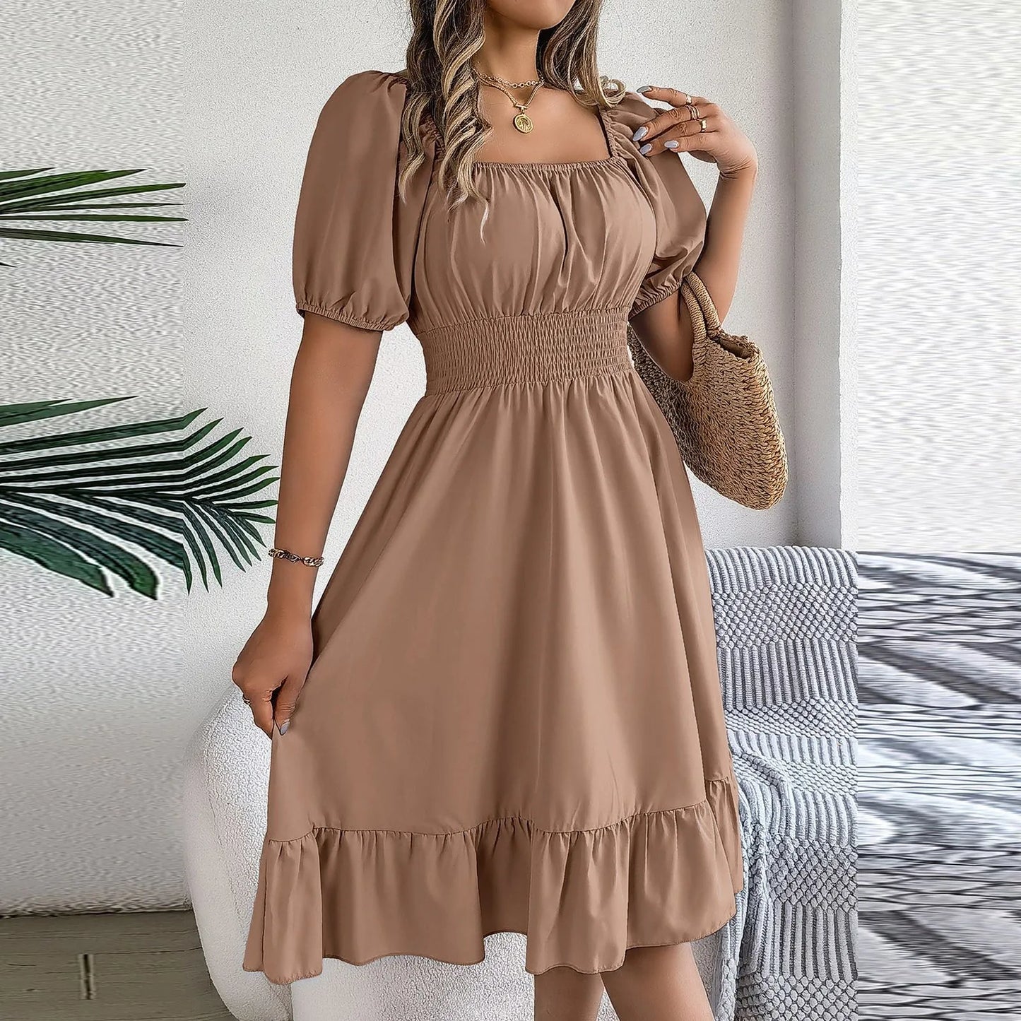 Elegant Women Spring Summer Dress Square Neck Puff Sleeve A Line  Square Neck Tie Waist Ruched Casual Solid Midi Dress