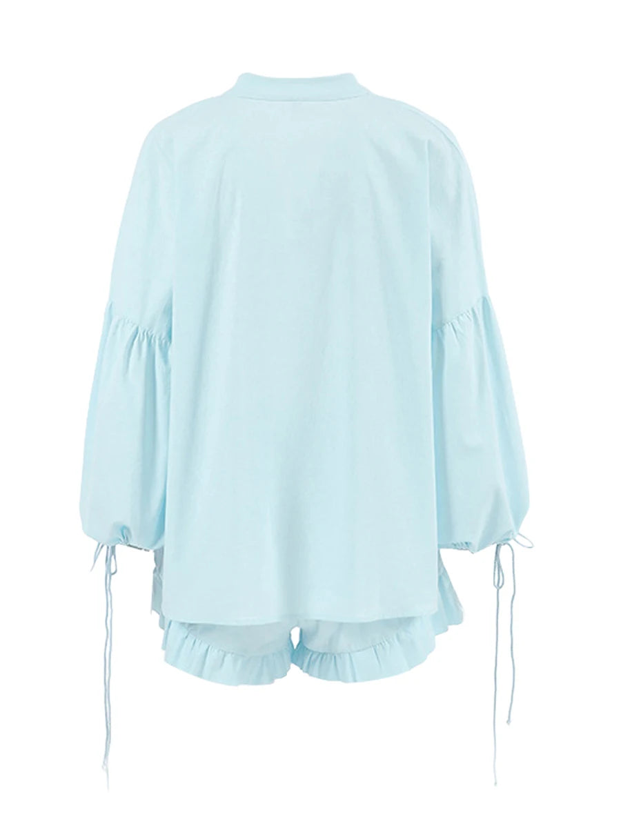 Casual Women s Summer Outfit Stylish Long Sleeve V-Neck Top with Tie-Up Detail and Elastic Waist Shorts Set for a Chic Look
