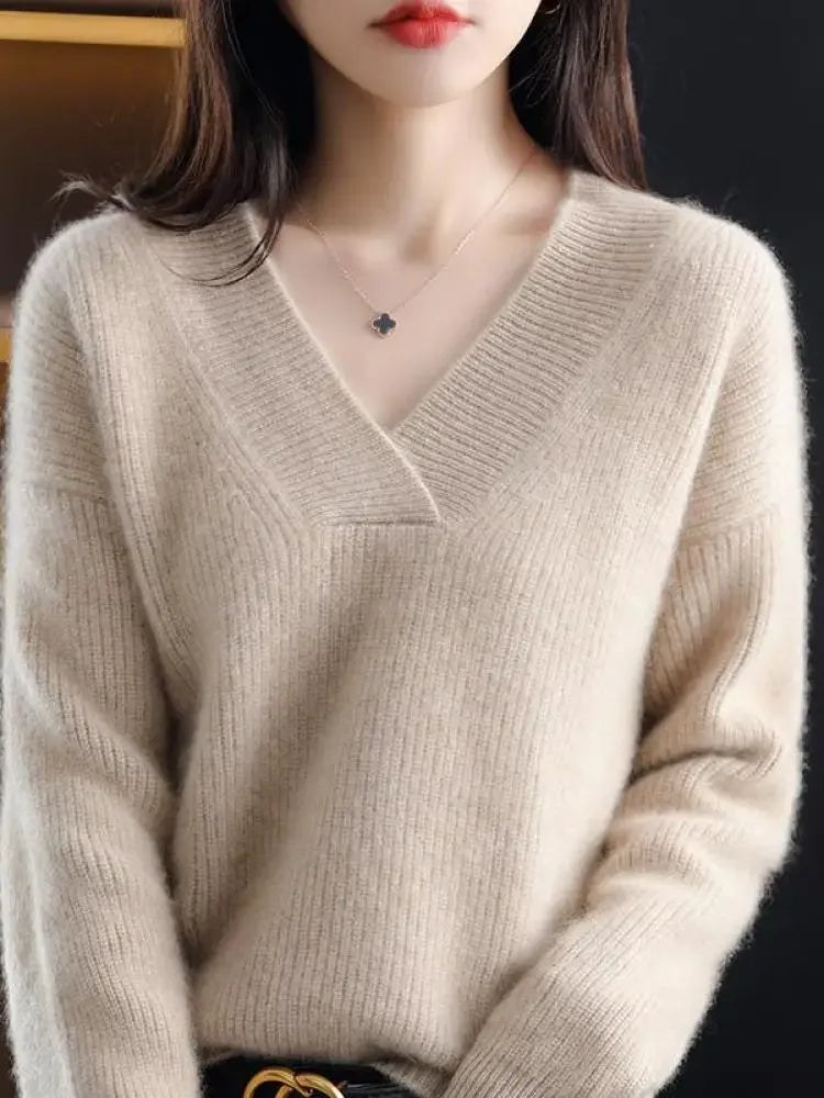 V-Neck Autumn Winter Sweater Pullovers Women's Loose Thick Cashmere Sweater Pullover Women Oversize Sweater Jumper