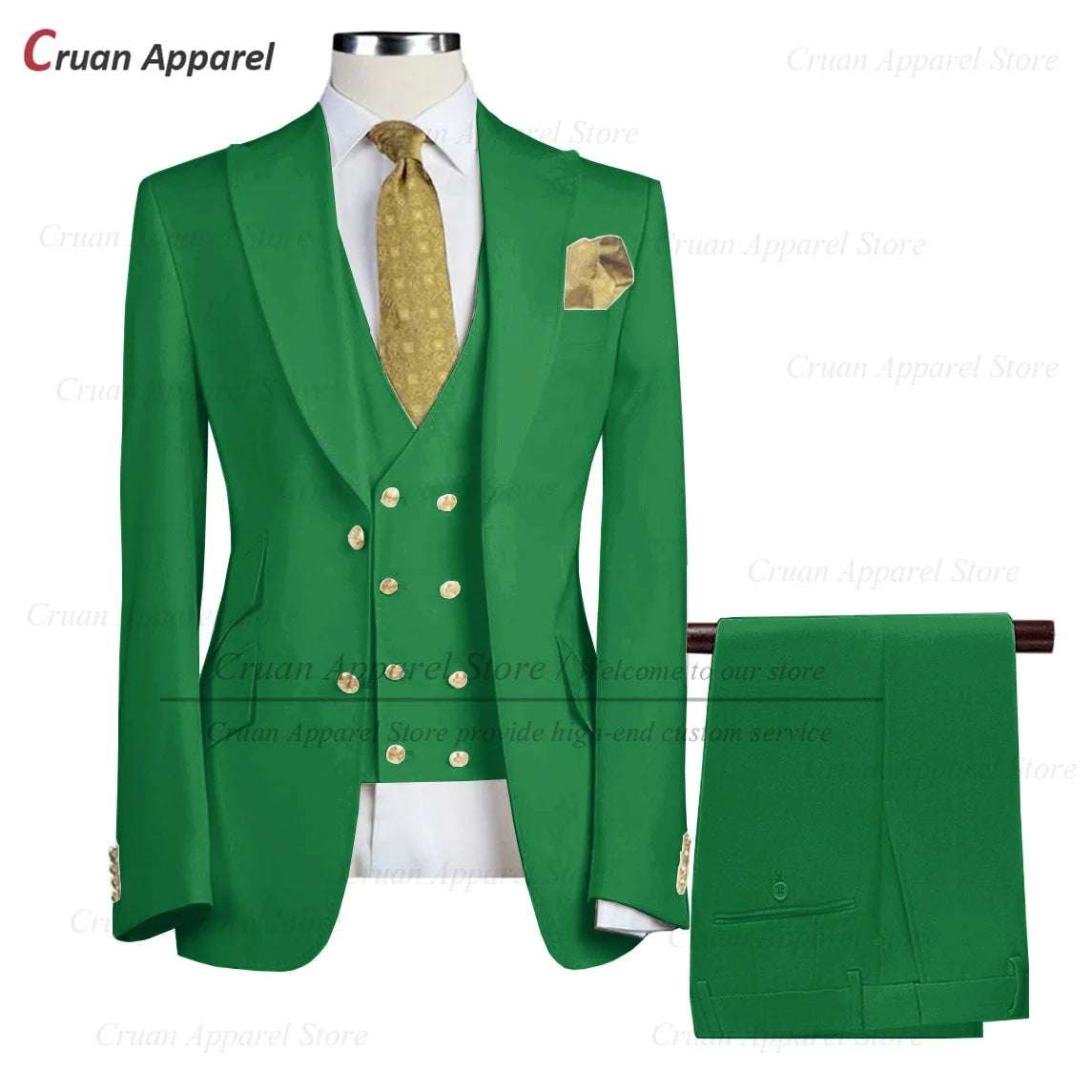 Tailor-made Brand Suits for Men Slim fit Prom Wedding Groom Tuxedo Set Party Gold Buttons Blazer Vest Pants 3 Pieces