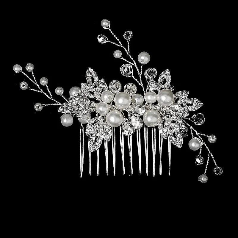 Silver Alloy Hair Comb Handmade Pearls Rhinestones Fashion Metal Headpiece Elegant Hair Jewelery Accessory For Women