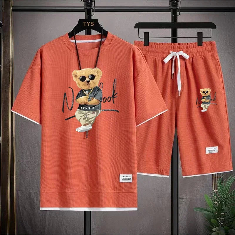Fashionable Men's Sports Suit Summer Casual Short Sleeve O Neck T-shirt And Sports Shorts 3D Bear Printing 2-Piece Set