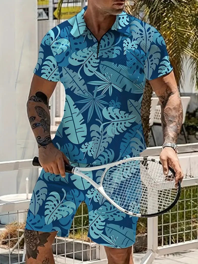Zipper POLO Shirt Shorts Set Summer Fashion Casual Men's Sports Set 3D Printed Simple Style Lapel Zipper POLO Shirt 2 Sets