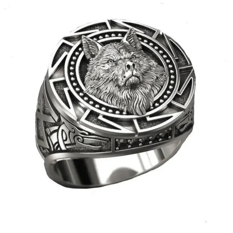 Retro Wolf Totem Nordic Mythology Viking Warrior Wolf Head Men Ring Geometric Design