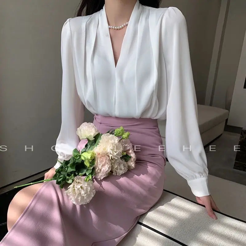 Elegant Fashion Solid Color Bohemian Office Deep V Neck Long Sleeve Tops