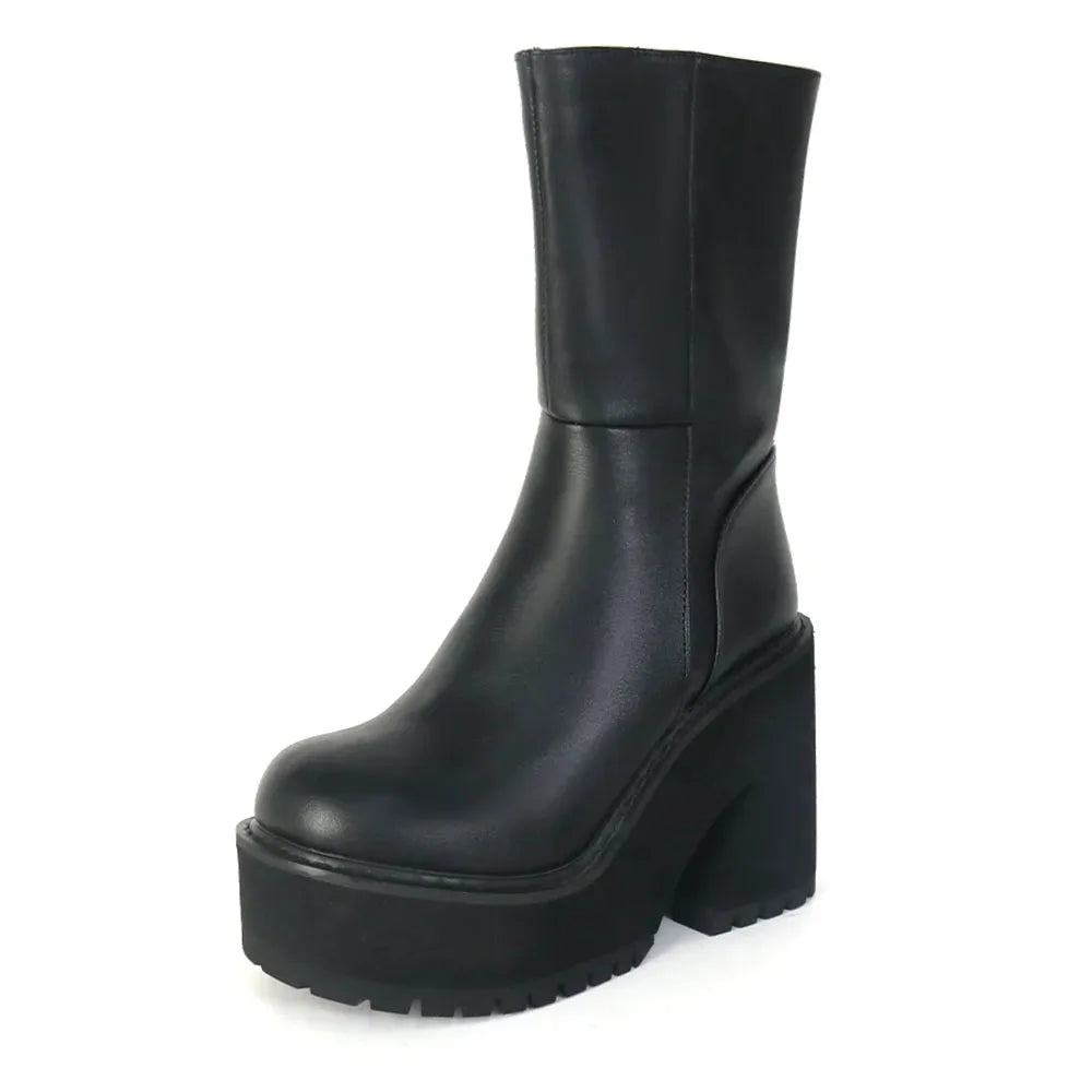 Punk Goth Platform Chunky High Heel  Ankle Boots Round Toe Side Zipper Shoes