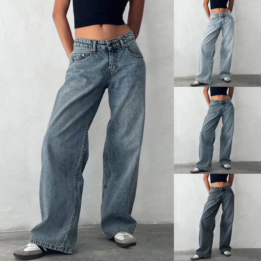 Low Waisted Loose Fit Boyfriend Baggy Jeans Trendy Stretch High Street Wide Leg Jeans Women Casual Washed Denim Trousers