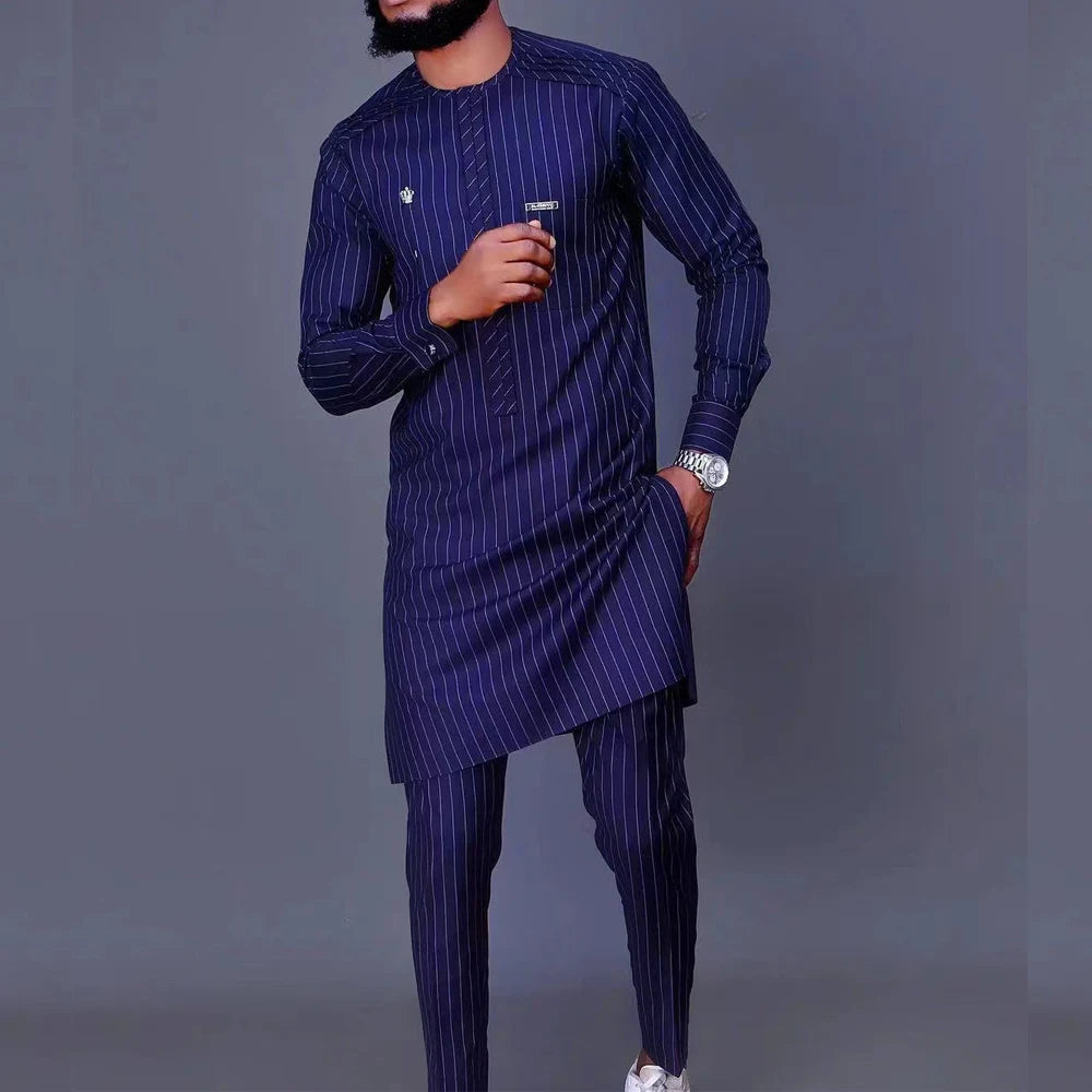 Men's  Wedding 2-Piece Suit Waist Pants Shirt Solid Color Panel Long Sleeve Party African Ethnic Style Clothing