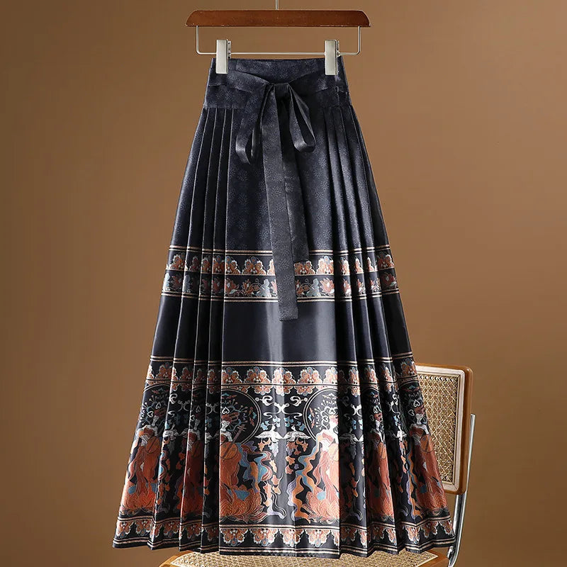 Vintage Maxi Chinese Style Horse Face Skirts  Pleated