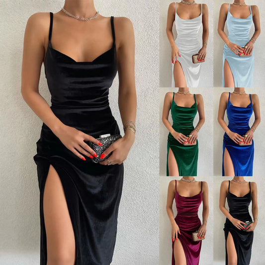 Sexy Velvet Spaghetti Strap Prom Dress Women's Fashion High Slits Evening Party Dresses