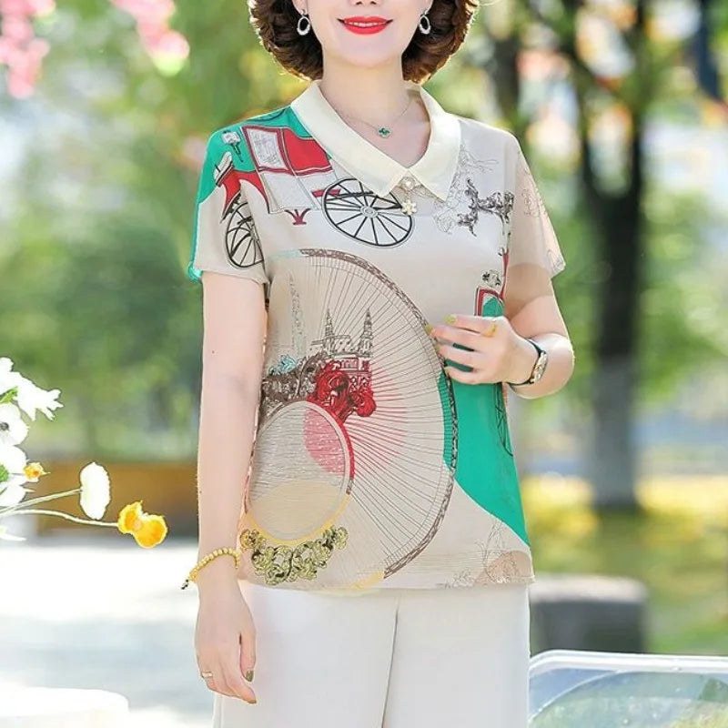 Natural Scenery Printed Peter Pan Collar Lace Beading Short Sleeve Tops