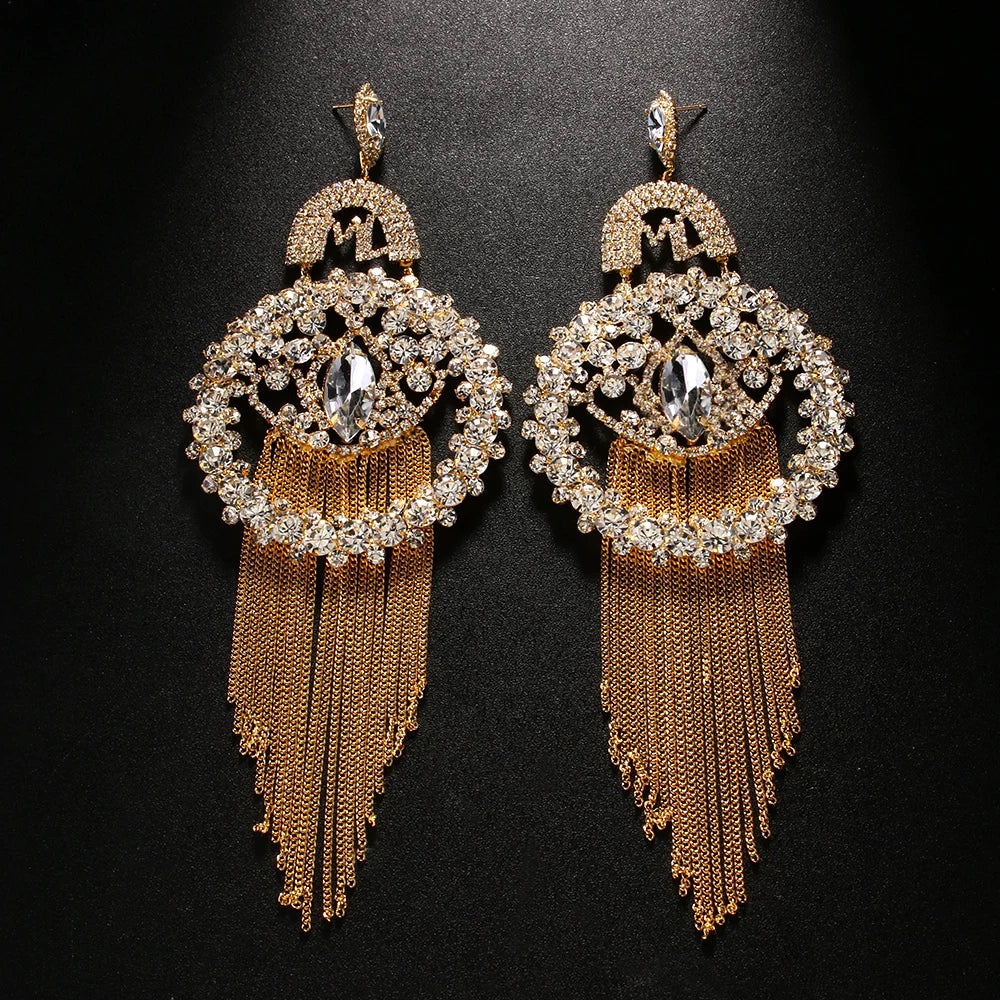Exaggerated Rhinestone Water Drop Tassel Earrings Crystal Long Tassel Earring