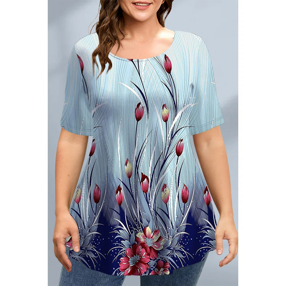 Women's T-Shirts Spring Clothing Floral Graphic O-Neck Pullovers Short Sleeve Tops Streetwear Oversized Apparel Ladies