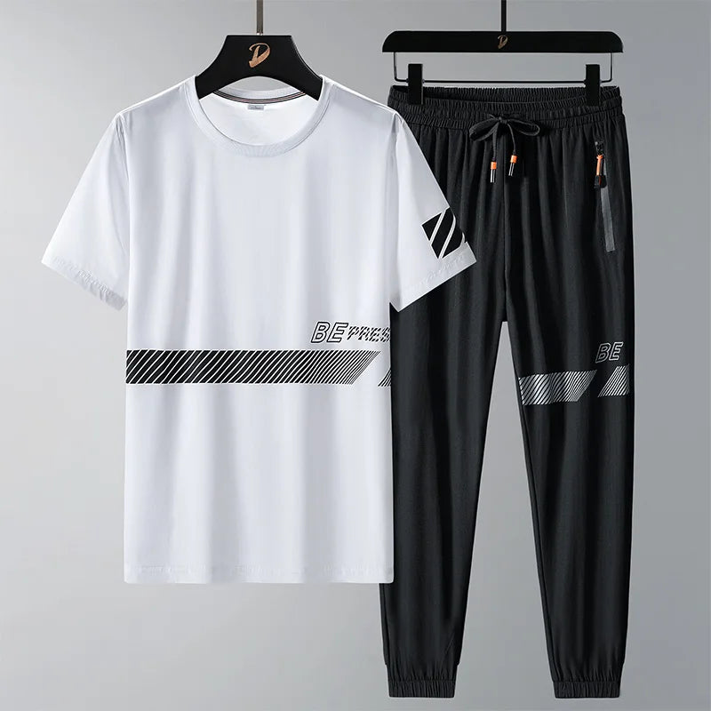 Men T Shirt Suit Pants 2 Piece Set Oversize 6XL 7XL 8XL Plus Size Short Sleeve Black T-shirts Summer Fashion Loose