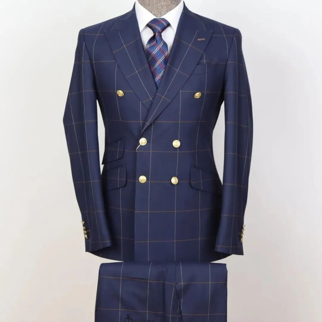 Gentlemen's Suit Tailor-Made 2 Pieces Plaid Gold Buttons Blazer Pants Double Breasted Wedding Groom Prom Tailored