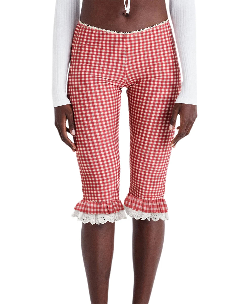 Women s Checkered Capri Pants with Lace Ruffles and Stretchy Cropped Leggings for Summer Casual Wear