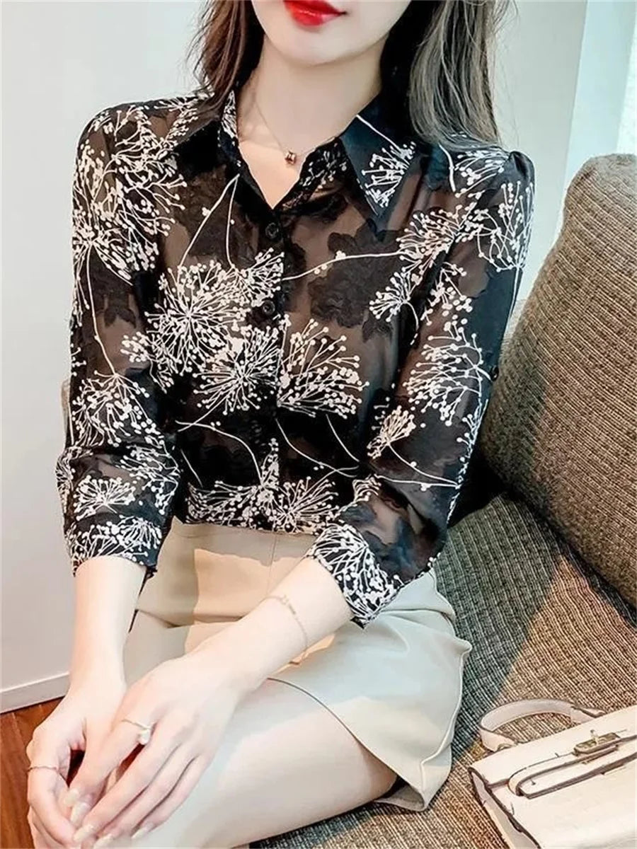 Casual Three Quartz Sleeve Turn-down Collar Flower Print